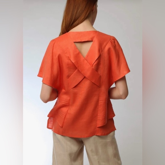 . . . WAY Orange linen cross back short sleeve pleated top size 12 - Picture 1 of 16